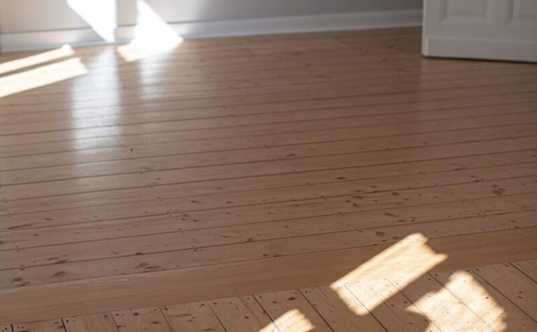 Heller Dielenboden in einem lichtdurchfluteten Raum, der die Weite und Freundlichkeit des Zimmers betont.